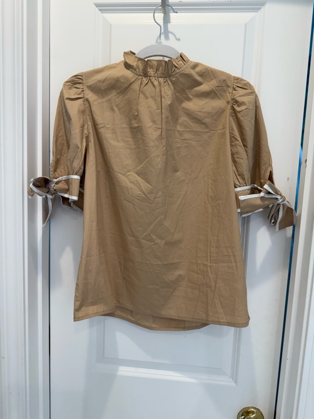 Womens Tan Ruffle Neck Puff Sleeve Top